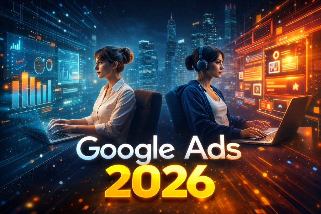Google Ads 2026” showing two professionals working on laptops back-to-back, surrounded by glowing digital dashboards, charts, and data interfaces in blue and orange tones, with a modern city skyline in the background representing advanced advertising, analytics, and AI-driven marketing.