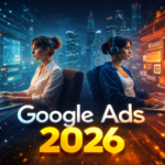 Google Ads 2026” showing two professionals working on laptops back-to-back, surrounded by glowing digital dashboards, charts, and data interfaces in blue and orange tones, with a modern city skyline in the background representing advanced advertising, analytics, and AI-driven marketing.