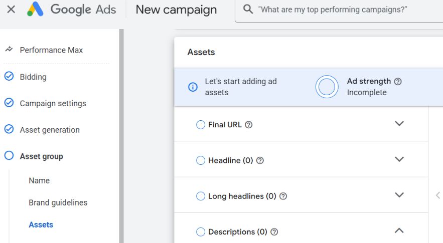 Google Ads Performance Max new campaign screen showing asset setup with Final URL, headlines, long headlines, and descriptions