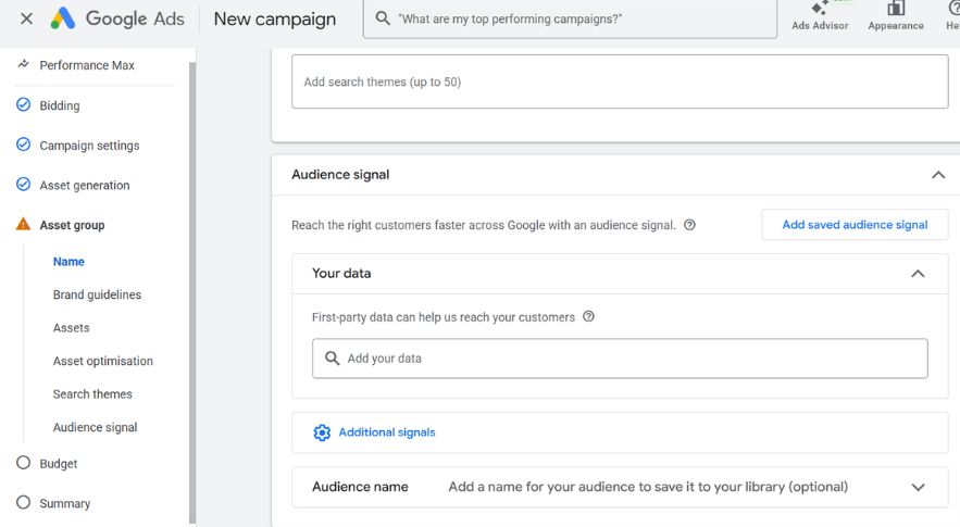Google Ads Performance Max campaign setup showing the Audience signal section with search themes, first-party data, and additional audience signals.