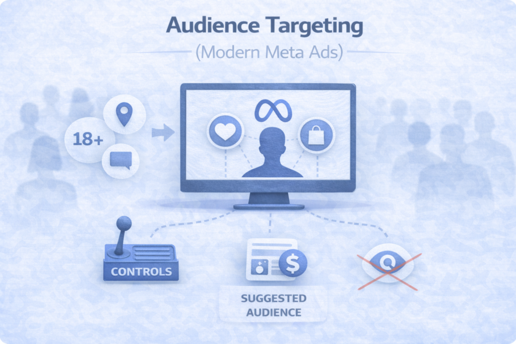 modern Meta Ads audience targeting, showing control limits like location and age alongside AI-driven audience expansion to find potential converters.