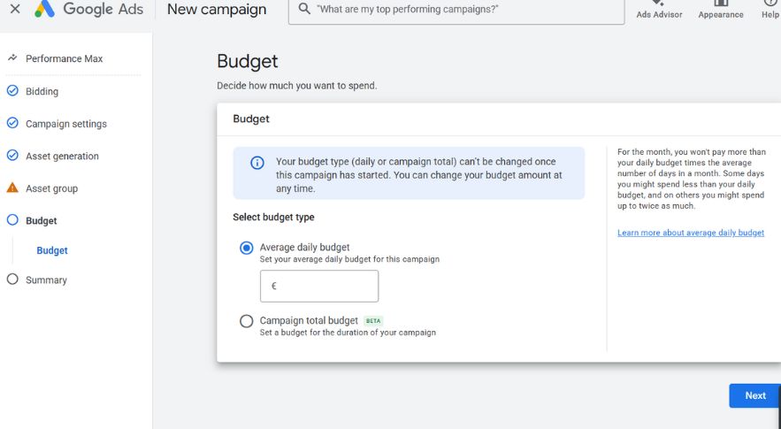 Google Ads Performance Max campaign budget settings screen showing average daily budget and campaign total budget options