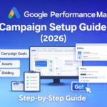 Google Performance Max Campaign Setup Guide (2026)” showing the Google Ads logo, a dashboard mockup, checklist items for campaign goals, assets, and bidding, bidding settings panels, and a “Go” button, presented as a step-by-step setup guide.