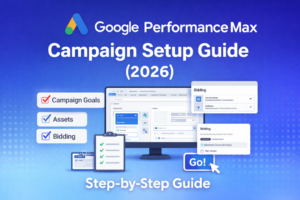 Google Performance Max Campaign Setup Guide (2026)” showing the Google Ads logo, a dashboard mockup, checklist items for campaign goals, assets, and bidding, bidding settings panels, and a “Go” button, presented as a step-by-step setup guide.