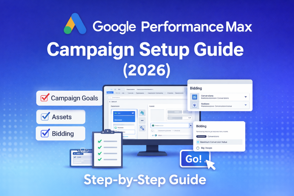 Google Performance Max Campaign Setup Guide (2026)” showing the Google Ads logo, a dashboard mockup, checklist items for campaign goals, assets, and bidding, bidding settings panels, and a “Go” button, presented as a step-by-step setup guide.