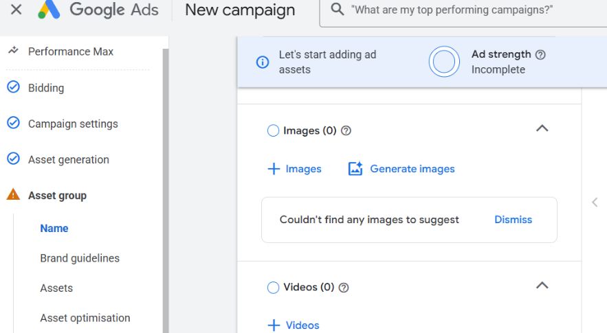 Google Ads Performance Max asset group screen showing image and video upload options with ‘Add images’ and ‘Add videos’ during campaign setup.
