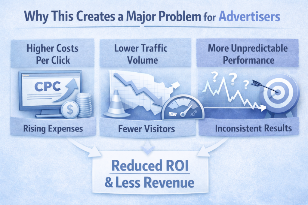 Infographic titled “Why This Creates a Major Problem for Advertisers” showing three issues: higher cost per click with rising expenses (CPC increasing), lower traffic volume with fewer visitors (declining graph), and more unpredictable performance with inconsistent results (volatile chart and target). All factors lead to reduced ROI and less revenue.