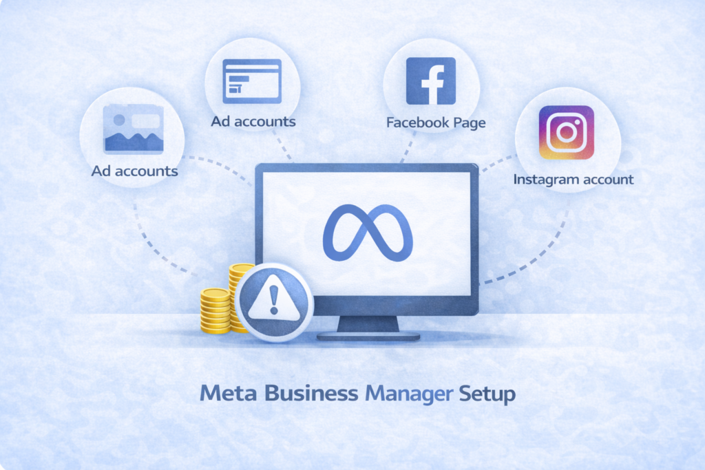 how to set up Meta Business Manager, showing that Meta Ads run through it and listing stored assets like ad accounts, Facebook Page, Instagram account, and pixels.