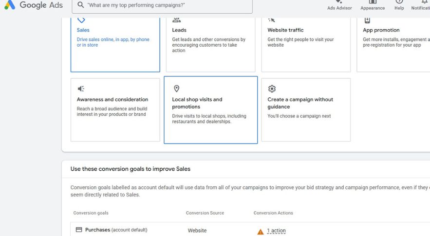 Google Ads campaign setup screen showing goal selection tiles such as Sales, Leads, Website traffic, App promotion, Awareness and consideration, Local shop visits and promotions, and Create a campaign without guidance. Below, a section titled “Use these conversion goals to improve Sales” displays a table with conversion goals like Purchases (account default) from the website.