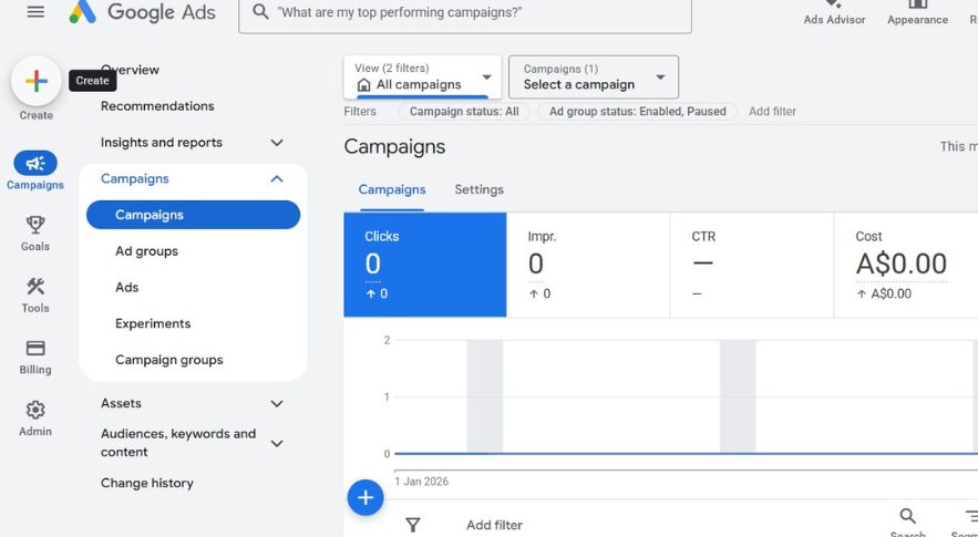 Google Ads dashboard showing the Campaigns overview screen. The left navigation highlights “Campaigns,” with menu items like Overview, Recommendations, Insights and reports, Ad groups, Ads, Experiments, Assets, and Tools. The main panel displays campaign performance metrics including Clicks , Impressions , CTR, and Cost , along with a line graph over time and filter options at the top.