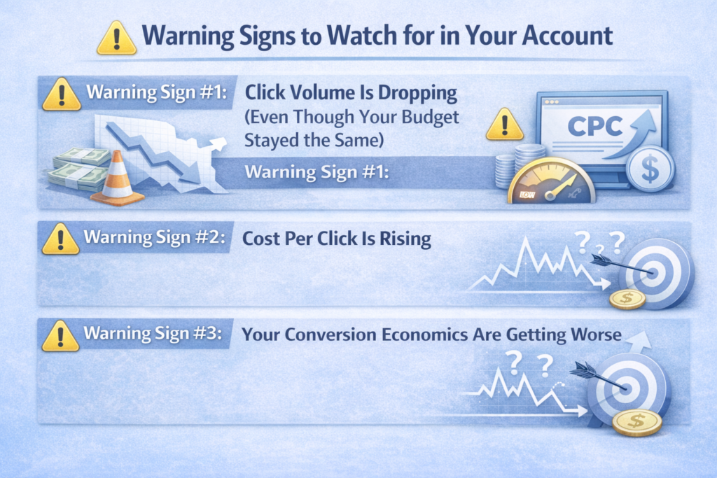 Infographic titled “Warning Signs to Watch for in Your Account” highlighting three advertising issues: Warning Sign #1 shows click volume dropping despite the same budget (declining graph and money icon), Warning Sign #2 shows cost per click rising (upward CPC gauge and chart), and Warning Sign #3 shows worsening conversion economics (unstable graph, question marks, and target with arrow).