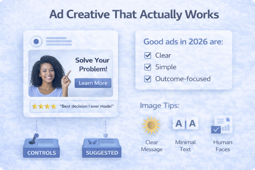 effective ad creative for Meta ads, highlighting clear messaging, simple design, human faces, and outcome-focused visuals.