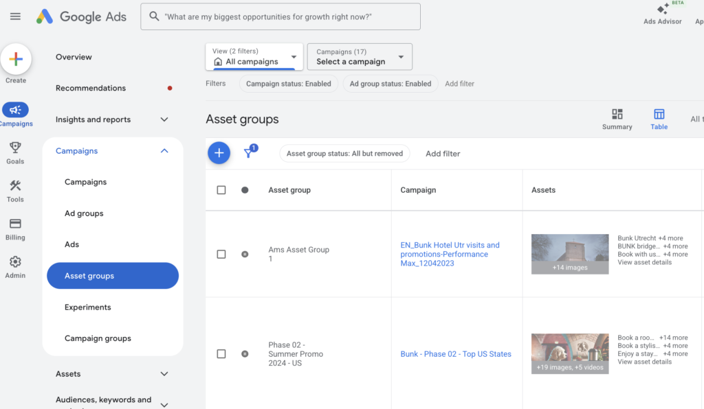 Google Ads dashboard displaying the Asset Groups table for a Performance Max campaign, showing asset group names, linked campaigns, and image assets.