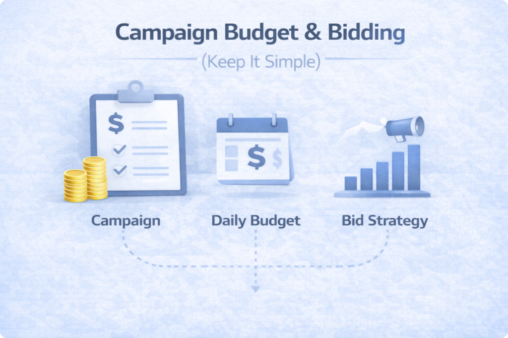 campaign budget and bidding in Meta ads, showing daily budget, spending control, and bid strategy concepts with simple icons.
