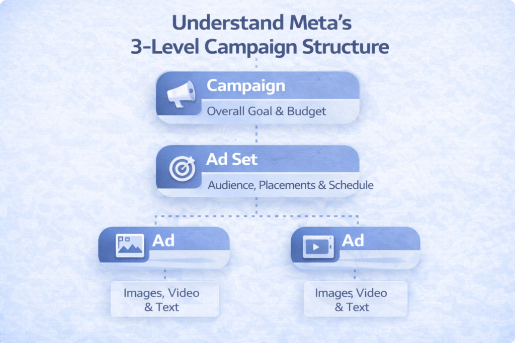 Meta’s 3-level campaign structure with Campaign at the top, Ad Set in the middle, and Ads at the bottom, explaining how Meta ads are organized.