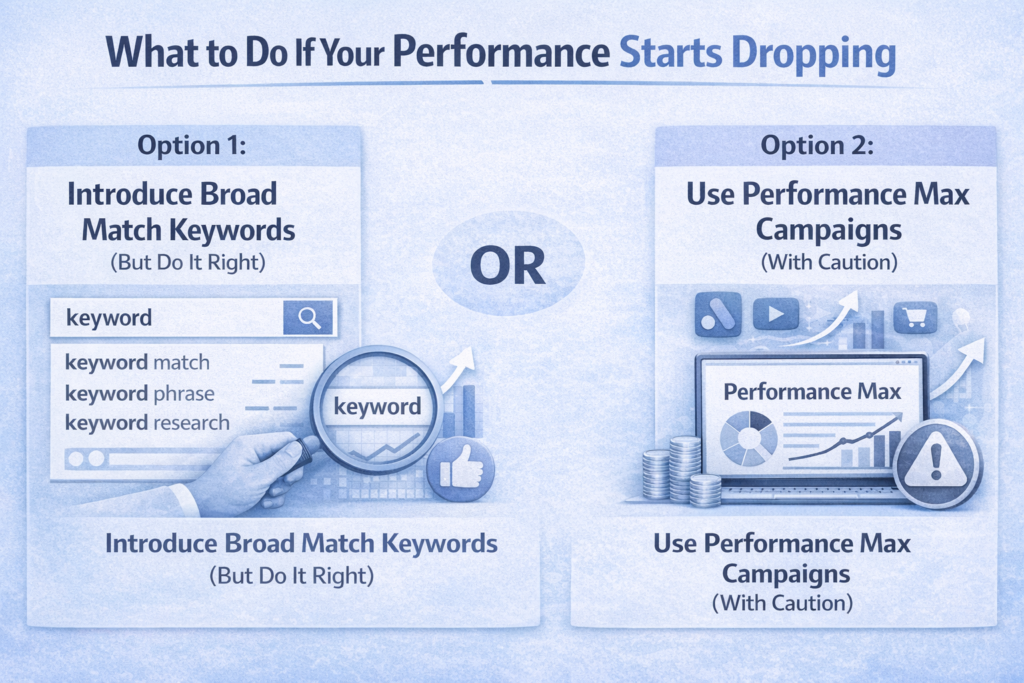 What to Do If Your Performance Starts Dropping” showing two options: Option 1 recommends introducing broad match keywords correctly (keyword search, magnifying glass, and growth chart icons), while Option 2 suggests using Performance Max campaigns with caution (dashboard, charts, coins, and warning icon), separated by an “OR” in the center.