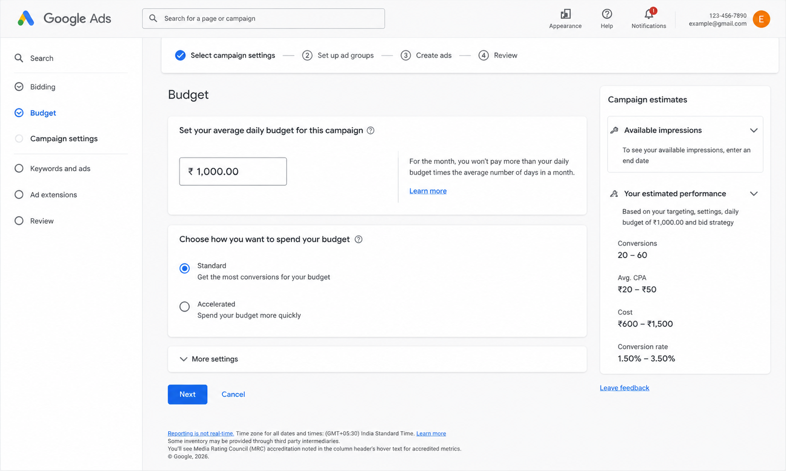 Google Ads campaign budget settings dashboard showing ₹1,000 daily budget setup, standard and accelerated spending options, and estimated campaign performance metrics including conversions, CPA, cost, and conversion rate.
