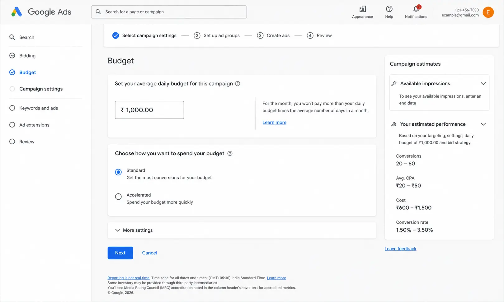 Google Ads campaign budget settings dashboard showing ₹1,000 daily budget setup, standard and accelerated spending options, and estimated campaign performance metrics including conversions, CPA, cost, and conversion rate.