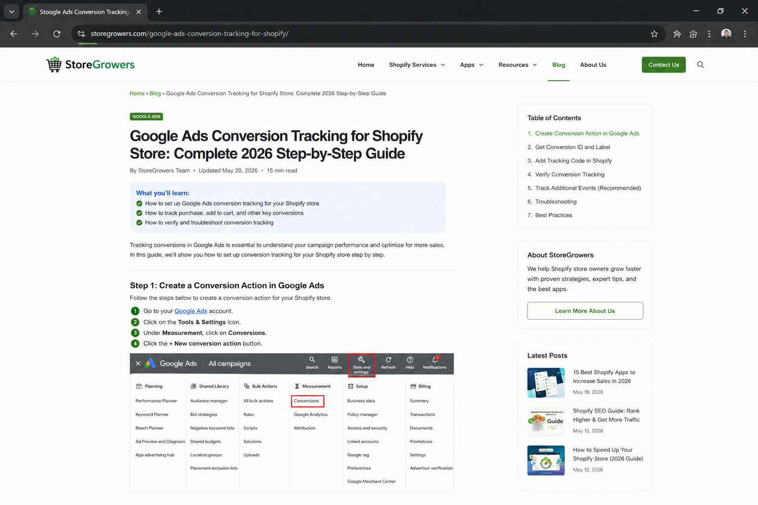 Google Ads Conversion Tracking for Shopify Store Complete 2026 Step-by-Step Guide displayed on a StoreGrowers blog page with step-by-step instructions for creating a conversion action in Google Ads and adding tracking to a Shopify store.
