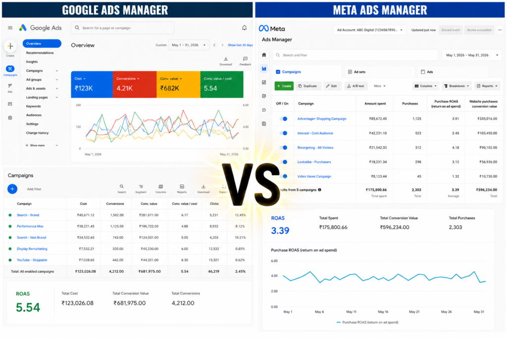 Google Ads Manager vs Meta Ads Manager dashboard comparison showing campaign performance metrics, ROAS charts, conversions, ad spend, and analytics side by side with a large glowing VS symbol in the center.