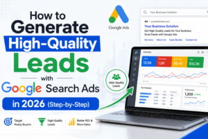 Illustration showing how to generate high-quality leads with Google Search Ads in 2026. The image features a Google Ads dashboard on a laptop screen displaying clicks, conversions, and campaign performance metrics. Large headline text reads “Generate High-Quality Leads with Google Search Ads in 2026 (Step-by-Step).” Additional elements include a Google search ad example, marketing analytics charts, lead generation icons, and symbols representing increased clicks, better leads, and higher sales.