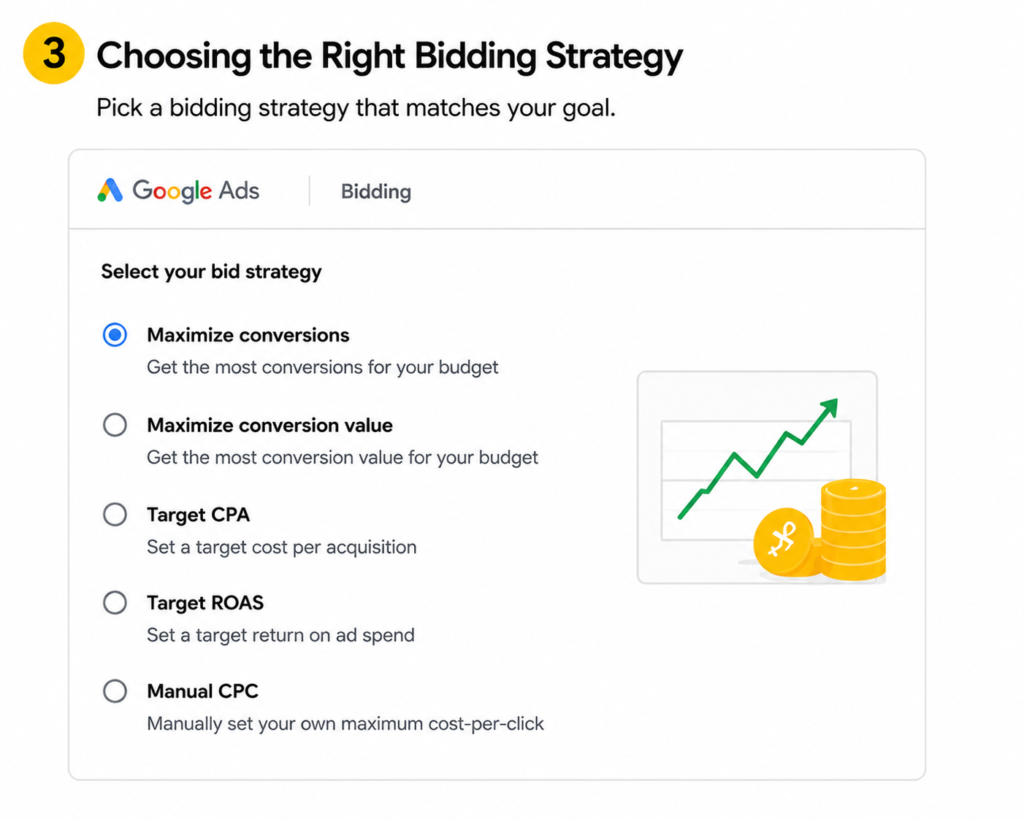 Google Ads smart bidding strategy dashboard with maximize conversions and target CPA settings for lead generation campaigns
