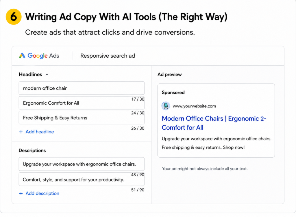 Google Ads responsive search ad dashboard with AI-generated headlines, descriptions, and ad preview for lead generation campaigns