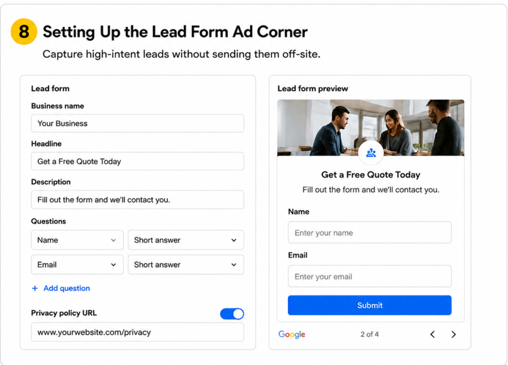 Google Ads lead form ad extension dashboard with customer form fields and preview for lead generation campaigns