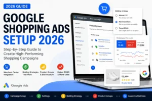 Google Shopping Ads setup 2026 step by step guide with bidding strategy, product groups, and performance dashboard crevekuldeep