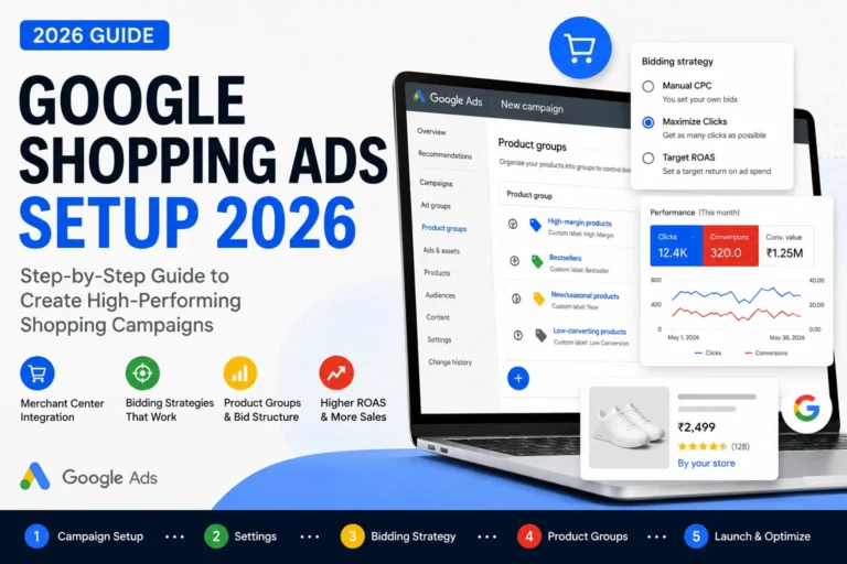 Google Shopping Ads setup 2026 step by step guide with bidding strategy, product groups, and performance dashboard crevekuldeep
