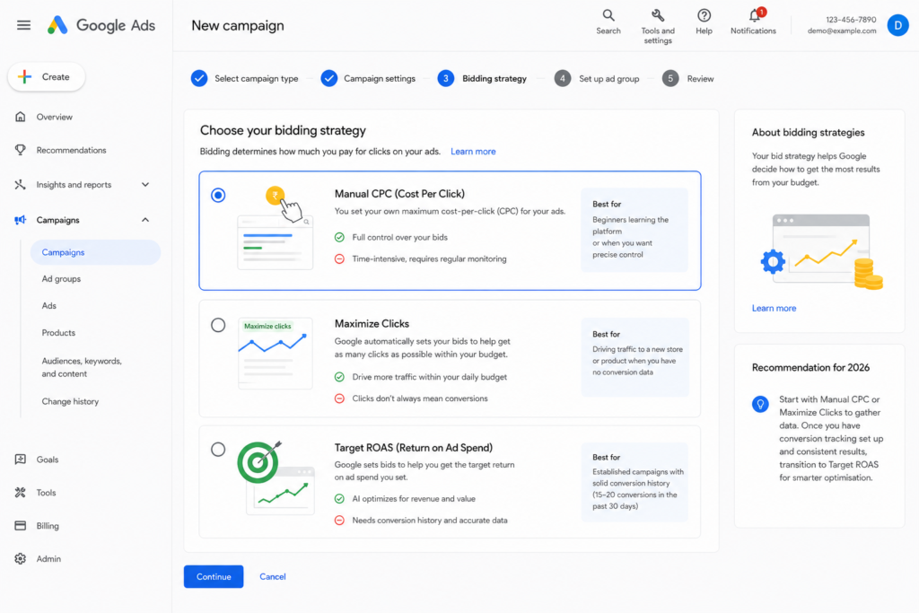 Google Ads bidding strategy dashboard showing Manual CPC, Maximize Clicks, and Target ROAS campaign bidding options with optimization recommendations for Google Shopping Ads setup 2026.