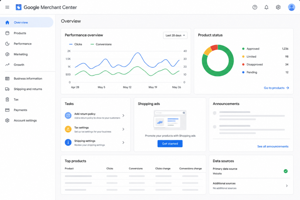 Modern Google Merchant Center dashboard interface showing a clean onboarding layout with sidebar navigation, setup progress sections, product management cards, and analytics placeholders for Google Shopping Ads setup 2026.